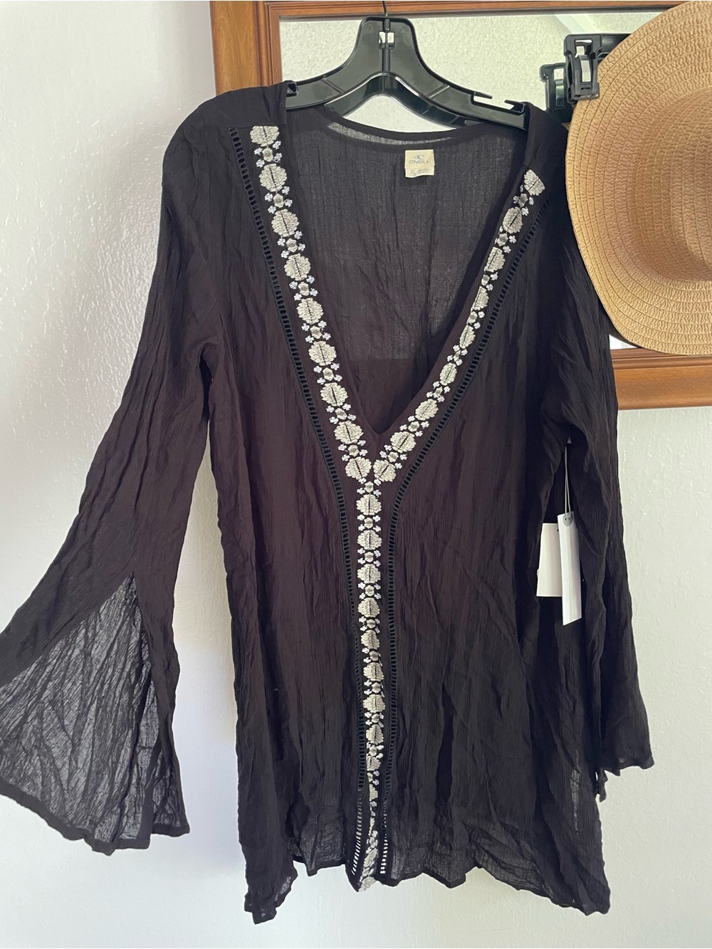 O'Neill Black V-Neck Embroidered Tunic Top